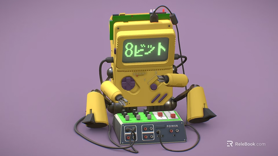 Retro Gaming Console Style Yellow Robot With Green 8 Bit Display Purple Buttons Control Box 3d model 