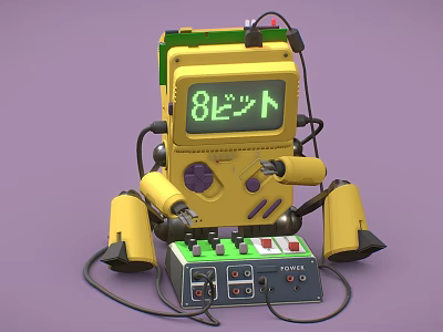 Retro Gaming Console Style Yellow Robot With Green 8 Bit Display Purple Buttons Control Box 3d model