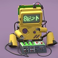 Retro Gaming Console Style Yellow Robot With Green 8 Bit Display Purple Buttons Control Box