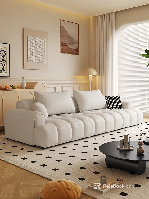 Stylish Living Room With White Tufted Sofa Black Checkered Rug And Wall Art 3d model 