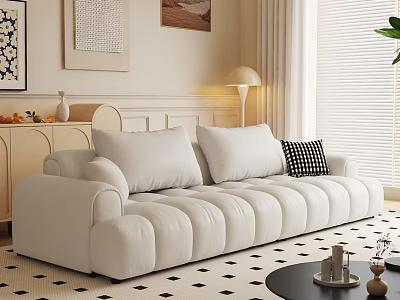 Stylish Living Room With White Tufted Sofa Black Checkered Rug And Wall Art 3d model