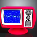 Vintage Red Chesstar Electronic Appliance With Screen Displaying BE NOT AFRAID Knobs And Stand