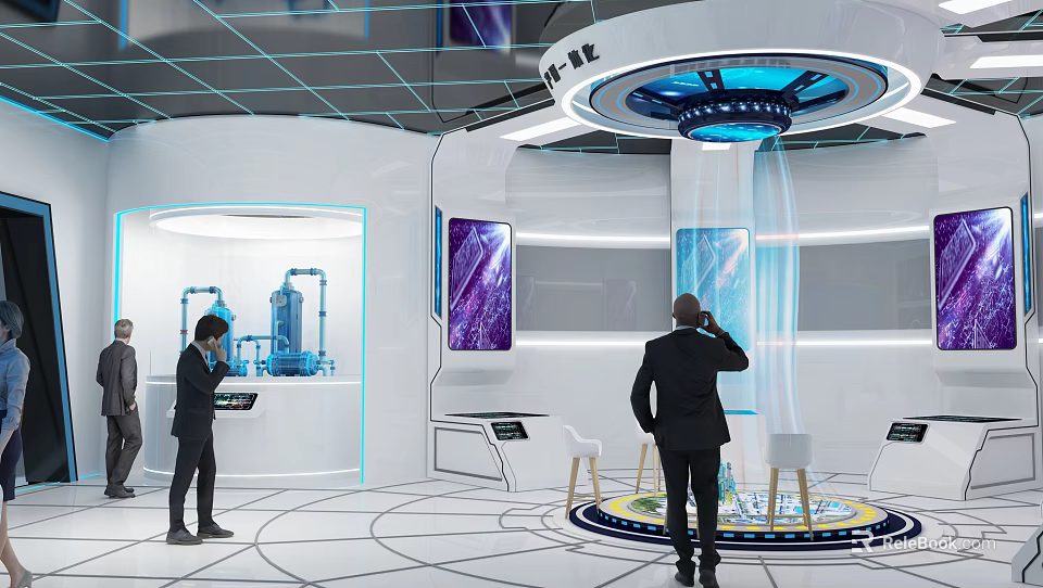 Futuristic Tech Exhibition Hall Featuring Interactive Displays Digital Screens and Illuminated Installations 3d model 