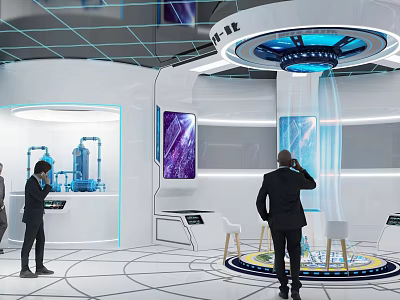 Futuristic Tech Exhibition Hall Featuring Interactive Displays Digital Screens and Illuminated Installations 3d model