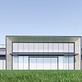 Modern Commercial Street Building Featuring Large Glass Facade Stone Elements And Front Green Lawn