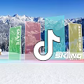 Youth Skiing Event With Transparent Frame TikTok Logo And Colorful Decorations In Snow Mountain Background
