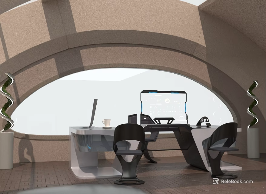 Modern Office Interior With Arched Design Large Window Desk And Black Chairs 3d model