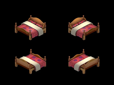 Set of Four Wooden Bed Frames With Red Pink Bedding And White Blankets 3d model