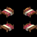 Set of Four Wooden Bed Frames With Red Pink Bedding And White Blankets