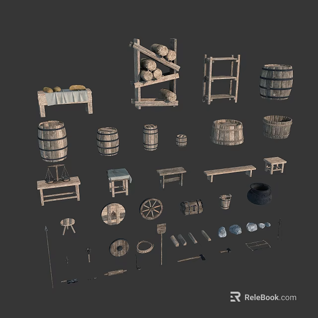 Rustic Decorative Ornament Set With Wooden Barrels Shelves Tables Wheels And Tools 3d model 