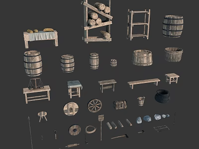 Rustic Decorative Ornament Set With Wooden Barrels Shelves Tables Wheels And Tools 3d model
