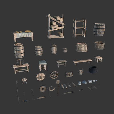 Rustic Decorative Ornament Set With Wooden Barrels Shelves Tables Wheels And Tools 3d model