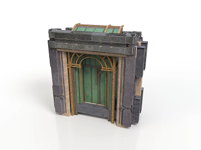 Architectural Entrance With Green Door Gray Masonry Structure And Decorative Top Panes 3d model