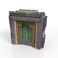 Architectural Entrance With Green Door Gray Masonry Structure And Decorative Top Panes