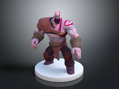 Game Movie Character Muscular Figure With Red Tattoo Brown Shoulder Armor And White Base Stand 3d model