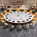 Banquet Hall Interior With Large Round Marble Table Yellow Gray Chairs Central Vase