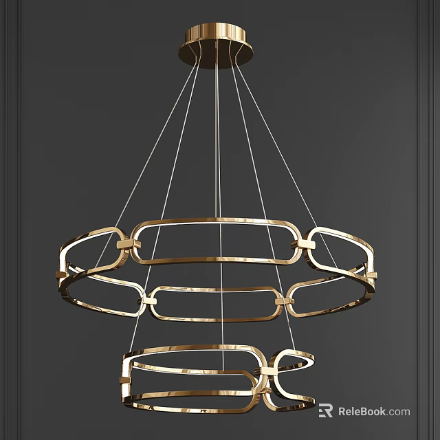 Elegant Modern Gold Circular Chain Chandelier With Layered Rings Hanging In Dark Room 3d model 