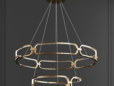 Elegant Modern Gold Circular Chain Chandelier With Layered Rings Hanging In Dark Room 3d model