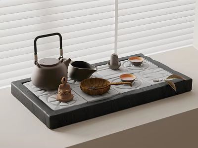 Traditional Tea Set With Ceramic Teapot Teacups Stone Tray Buddha Statue Wooden Plate 3d model