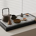 Traditional Tea Set With Ceramic Teapot Teacups Stone Tray Buddha Statue Wooden Plate