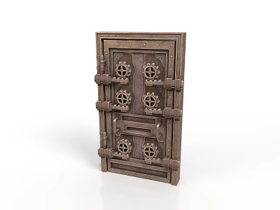 Antique Metal Safe Door Featuring Decorative Gear Patterns And Heavy Hinges 3d model