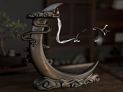 Moon Shaped Ceramic Vessel With Cloud Patterns Flowing Smoke And Bird Figures On Wooden Table 3d model