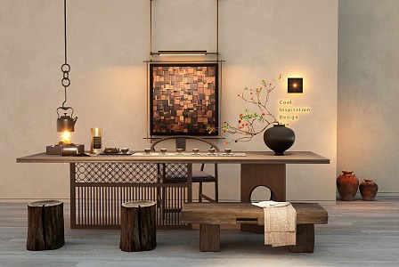 New Chinese Style Tea Table and Chair Combination Old Wood Board Tea Table Tea Set Leisure Chair 3d model