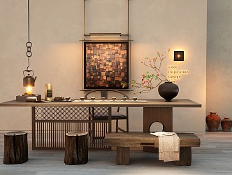 New Chinese Style Tea Table and Chair Combination Old Wood Board Tea Table Tea Set Leisure Chair 3d model