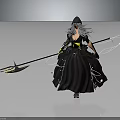 Hooded Fantasy Witch Character With Gray Hair Black Robe And Staff With Mythical Creature Motifs