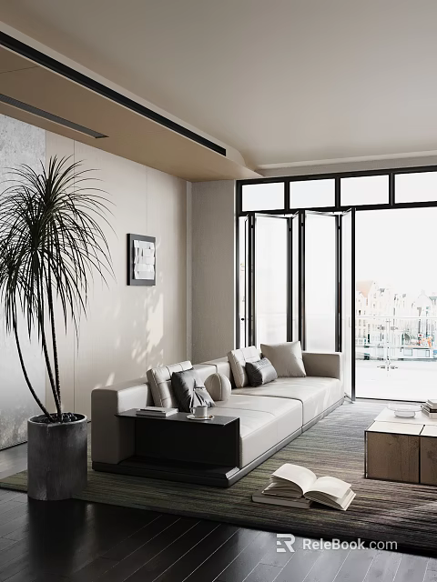 Modern Living Room Decorative Ornament Set With Beige Sofa Gray Cushions Tall Plant And Painting 3d model 