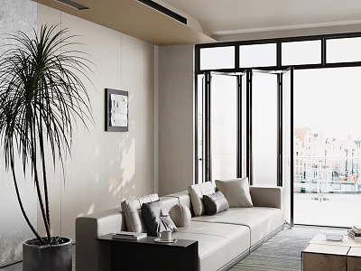 Modern Living Room Decorative Ornament Set With Beige Sofa Gray Cushions Tall Plant And Painting 3d model