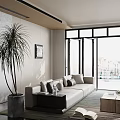 Modern Living Room Decorative Ornament Set With Beige Sofa Gray Cushions Tall Plant And Painting