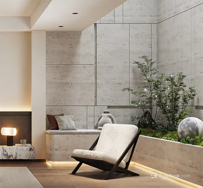 Indoor Leisure Chair With White Padding Black Frame Gray Textured Wall Green Plants And Fireplace 3d model 