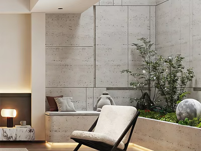 Indoor Leisure Chair With White Padding Black Frame Gray Textured Wall Green Plants And Fireplace 3d model