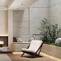 Indoor Leisure Chair With White Padding Black Frame Gray Textured Wall Green Plants And Fireplace
