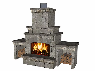 Layered Stone Fireplace With Burning Fire And Side Firewood Storage 3d model