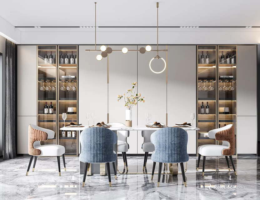 Elegant Modern Dining Table Set With Blue Chairs Pendant Lights And Wine Cabinets 3d model