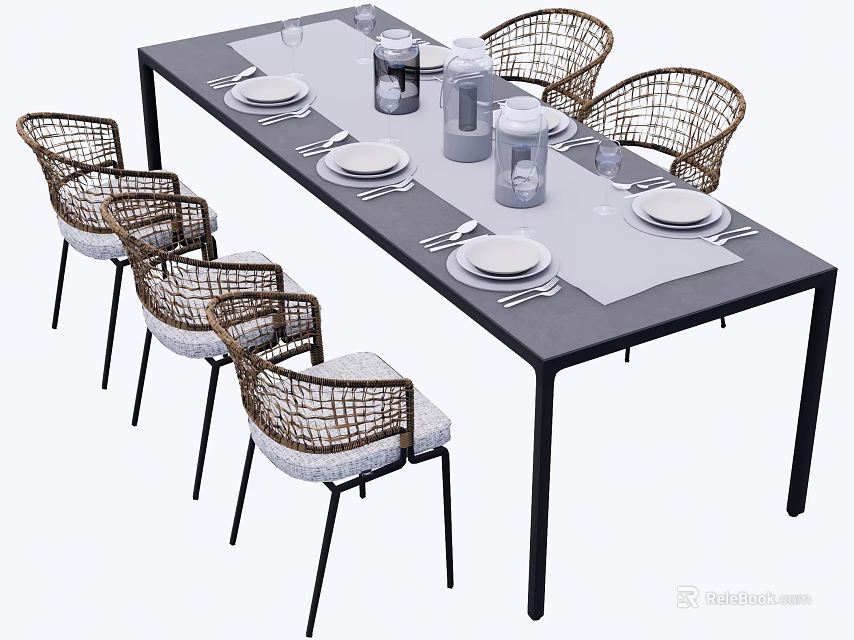 Garden Landscape Outdoor Dining Setup With Rattan Chairs Tableware And Water Glasses 3d model 