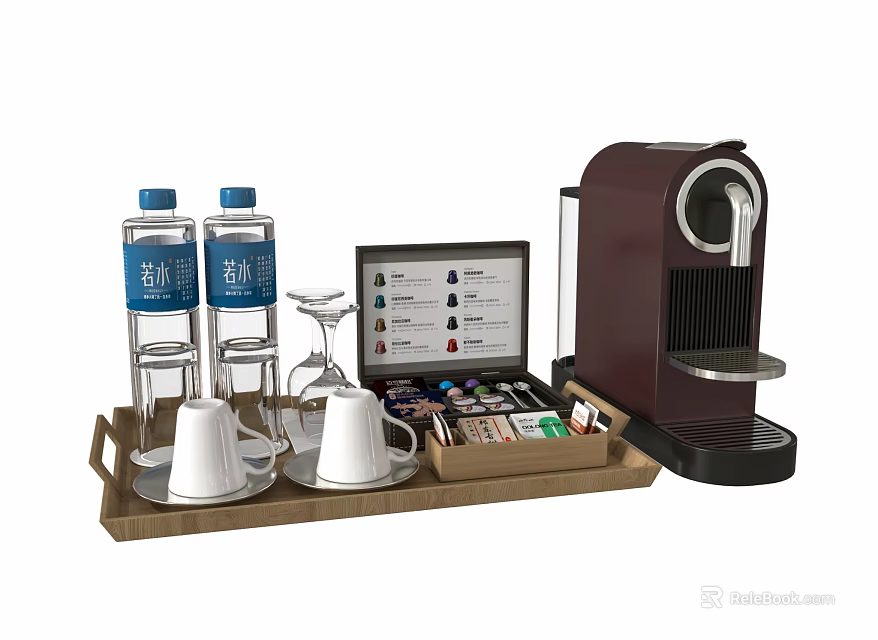 Coffee Machine With Wooden Tray Cups Water Bottles And Capsules 3d model 