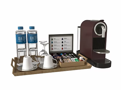 Coffee Machine With Wooden Tray Cups Water Bottles And Capsules 3d model