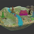 Cartoon Scenic Landscape with Rolling Hills Blue Stream Wooden Cottage Pine Trees Fence and Flowers