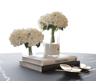 Decorative Tabletop Ornament Set Featuring White Hydrangeas Glass Vases Books Candle and Small Plates 3d model