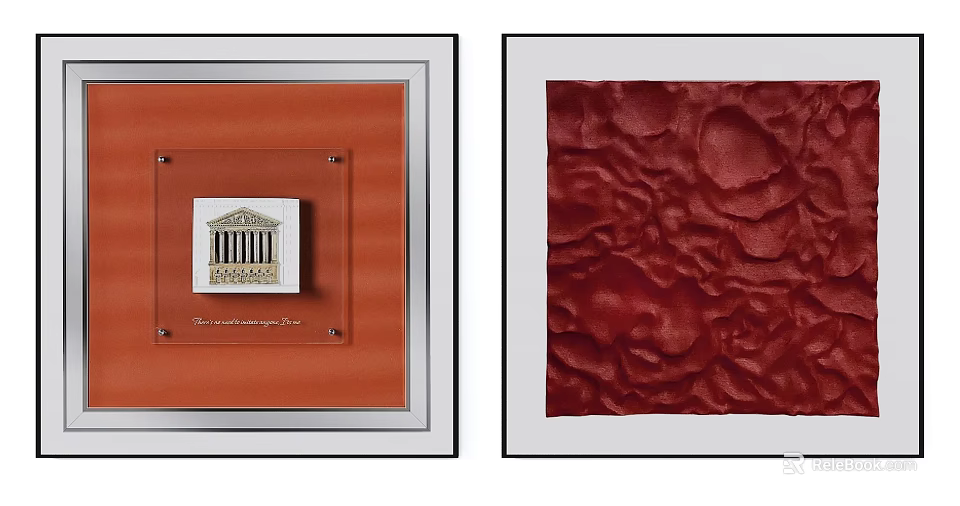 Two Decorative Paintings With Orange Background White Architectural Design And Red Textured Surface 3d model
