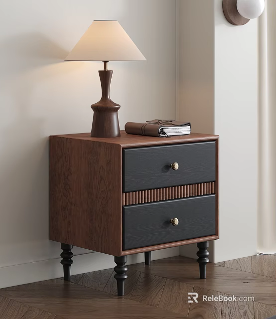 Wooden Nightstand With Two Dark Drawers Gold Handles Black Legs Lamp And Notebook 3d model 