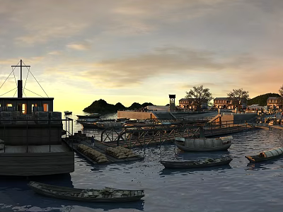 Ancient Buildings Along Waterfront With Boats On Water Sunset Sky And Distant Hills Trees 3d model