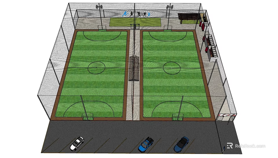 Outdoor Football Pitches With Fenced Surroundings Lighting And Parking Area 3d model 