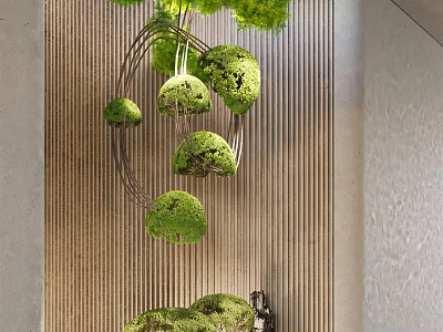 Garden Ornament With Hanging Green Moss Balls On Circular Metal Frame For Vertical Wall Decoration 3d model