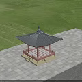 Traditional Pergola with Black Tiled Roof Red Structure on Gray Stone Tiles in Green Lawn