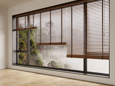 Wooden Blinds On Large Window Interior With Green Trees Misty View And Wooden Flooring 3d model