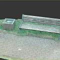 Park Rest Area With Wooden Bench Stone Trash Can Brick Pavement And Green Grass
